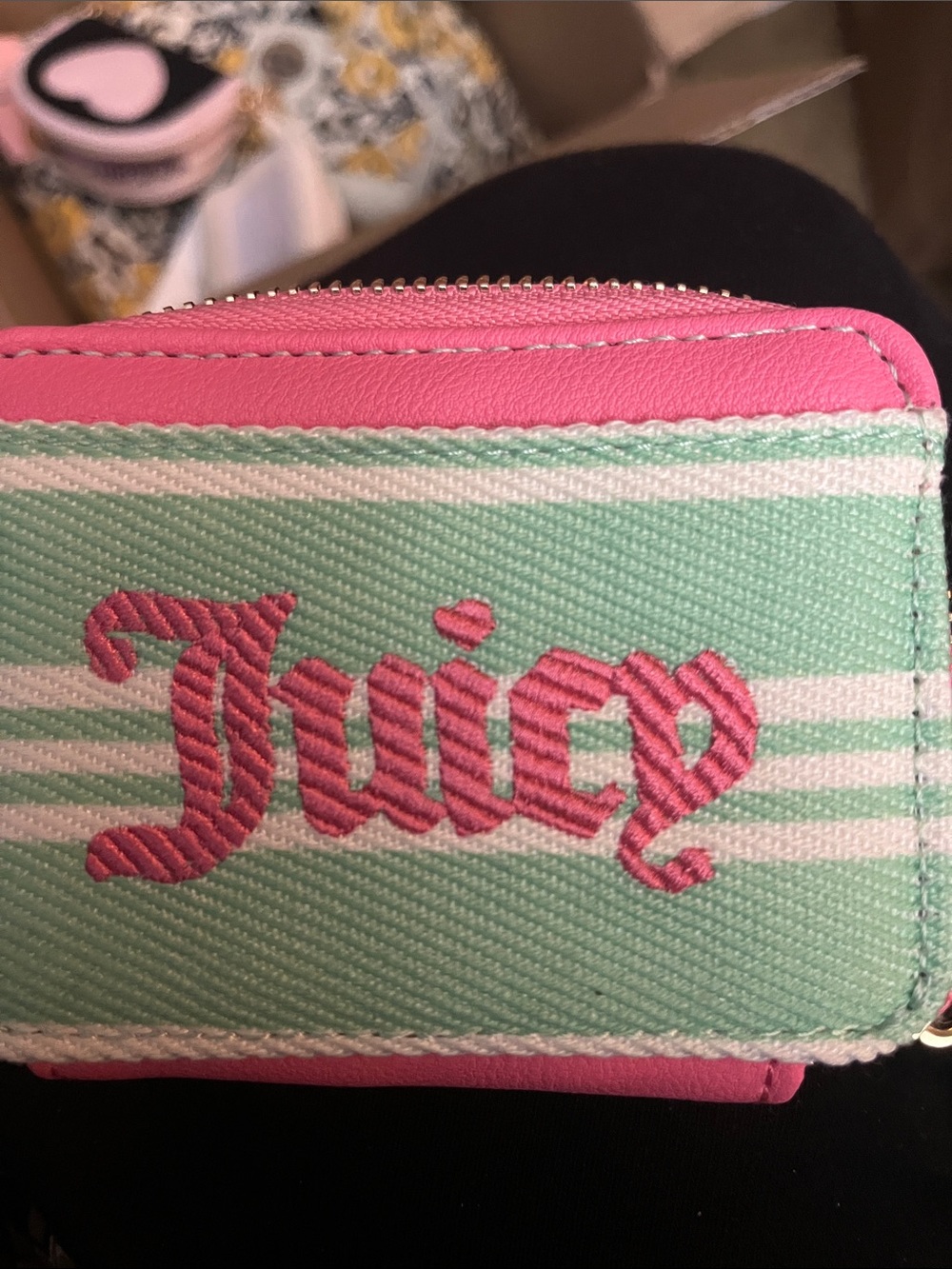 Juicy Couture Pink & Mint Striped Wristlet Wallet